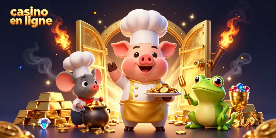 Casino en ligne : le chef cochon et ses joyaux attirent les parieurs sur cette illustration ludique.