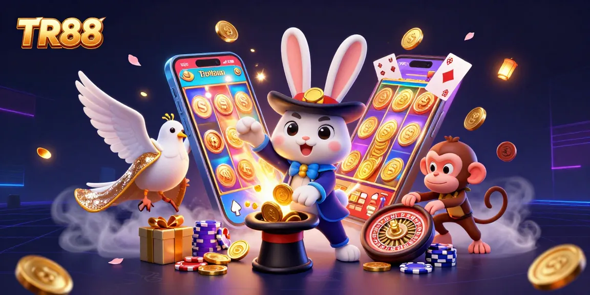 Experience thrilling gameplay at TR88 with a magician, dove, and monkey amidst vibrant slot machines and poker chips.