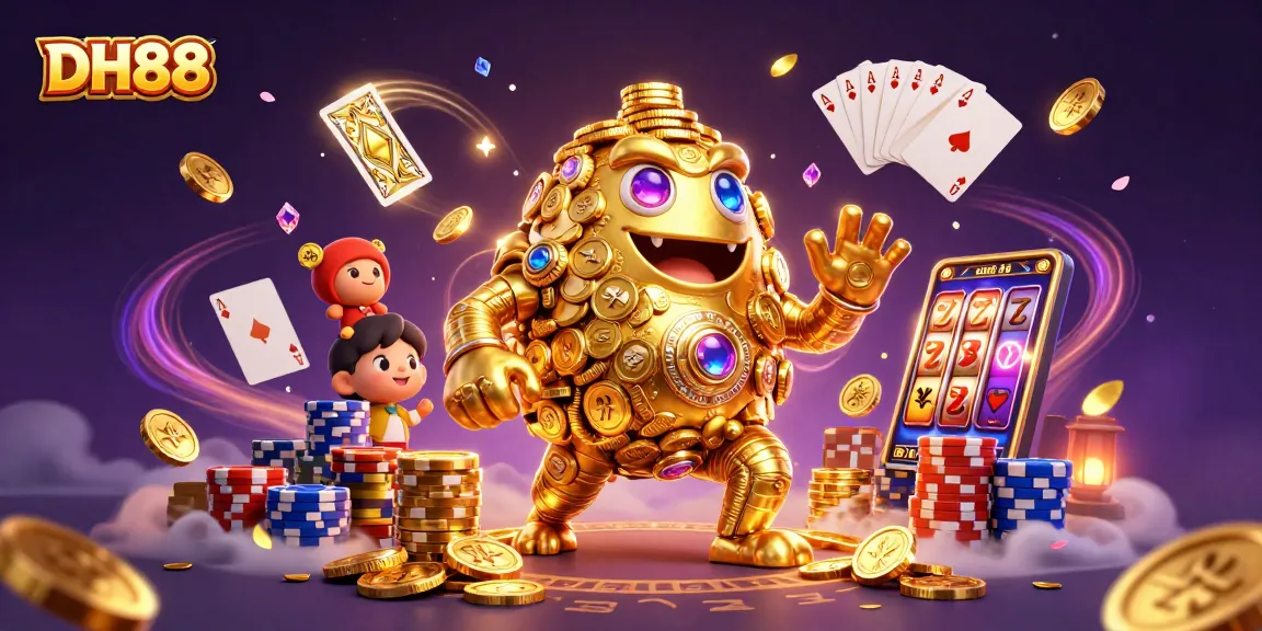 Engage with DH88's thrilling slot action featuring a lively golden golem surrounded by cascading coins.
