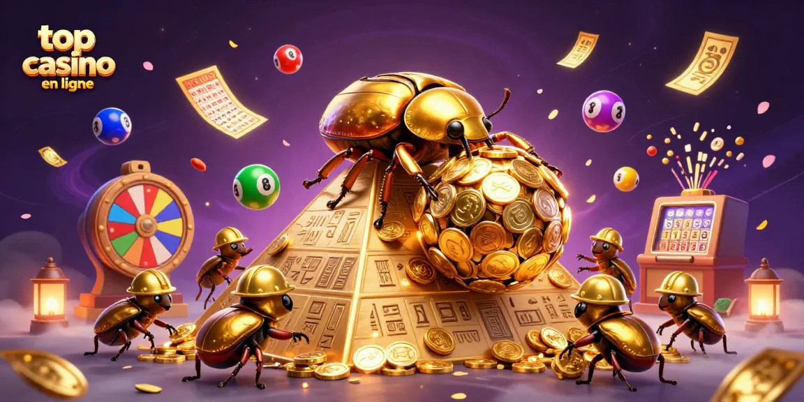 Top casino en ligne : Illustration d'un scarabée doré géant et de ses compagnons au casino.