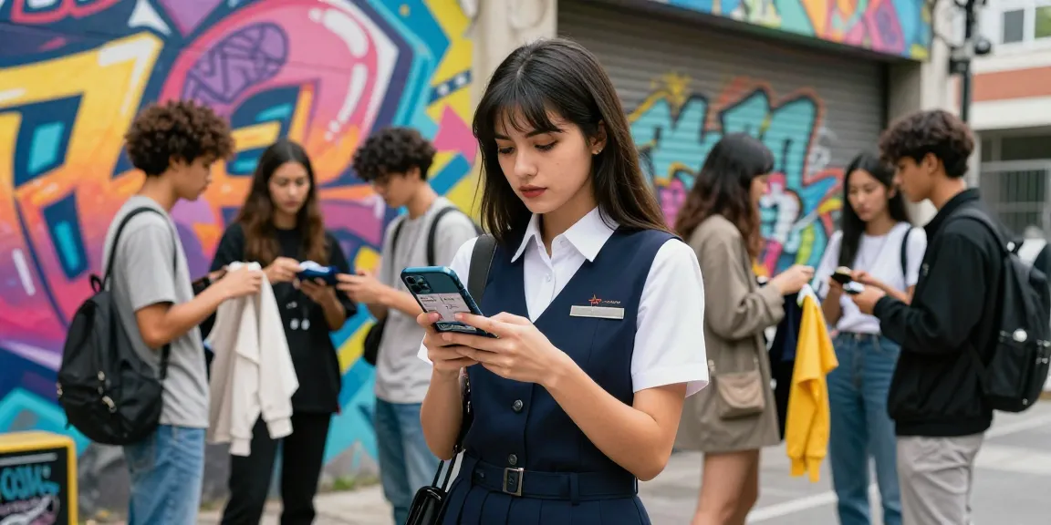 制服買取ラミパスの口コミをスマホで確認する若い女性と友人たちの活気ある街並みのシーン。