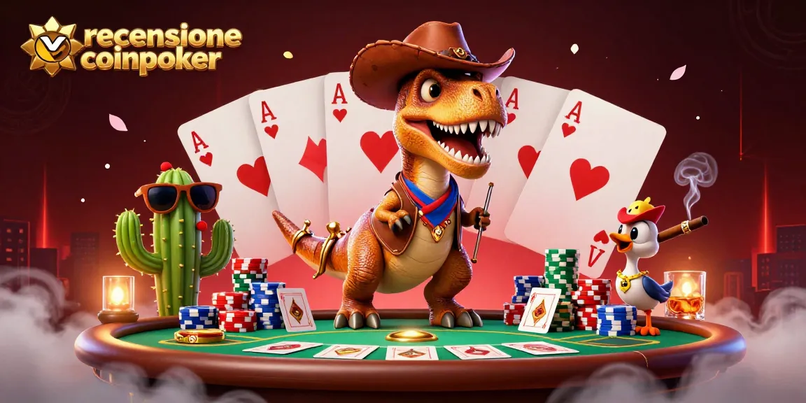 Recensione CoinPoker: Esplora il poker online con T-Rex e amici sul tavolo da gioco.
