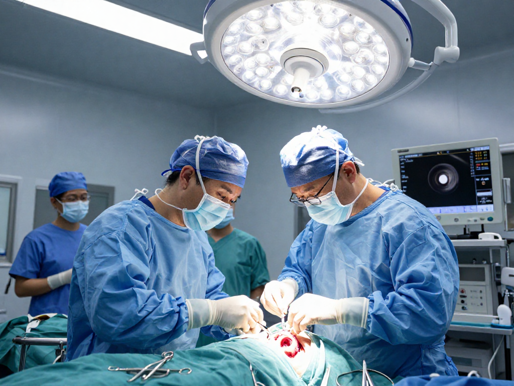 Brain tumor surgery in a modern operating room highlighting beyin tümörü ameliyatı with advanced technology and surgical precision.