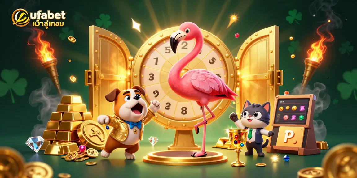 Engaging scene of ufabet เข้าสู่ระบบ with a flamingo host, bulldog contestant, and scoreboard cat amidst vibrant casino elements.