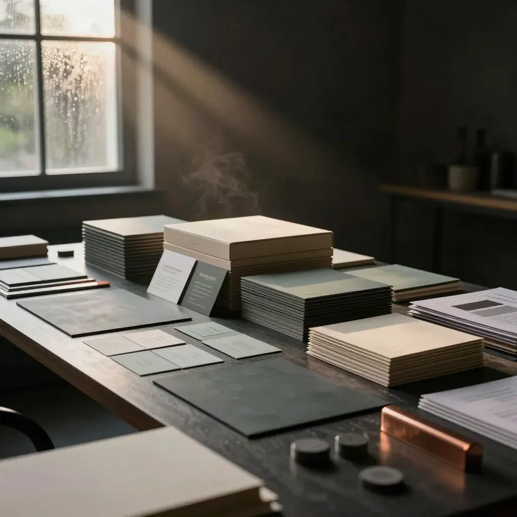 Moody blue-hour brand strategy studio with sample boards, boxes, cards and proof sheets on a dark table