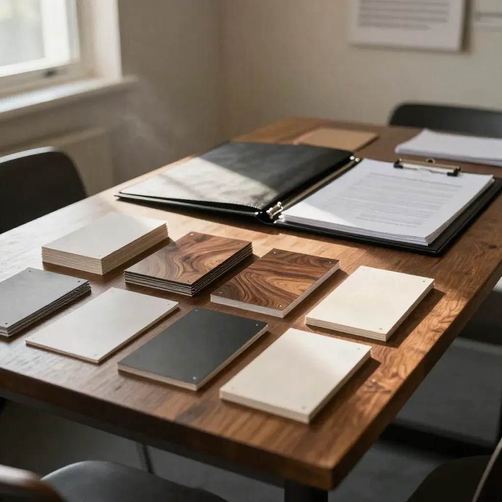 Brand audit materials on a studio table with swatches, proofs, and an archival folder.