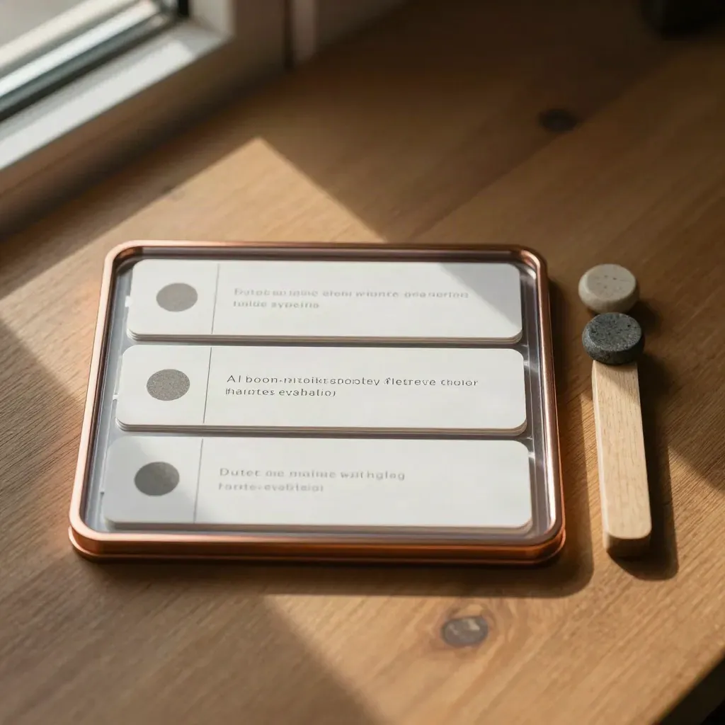 Top-down naming system still life with route cards, copper case and stone tokens on warm oak.
