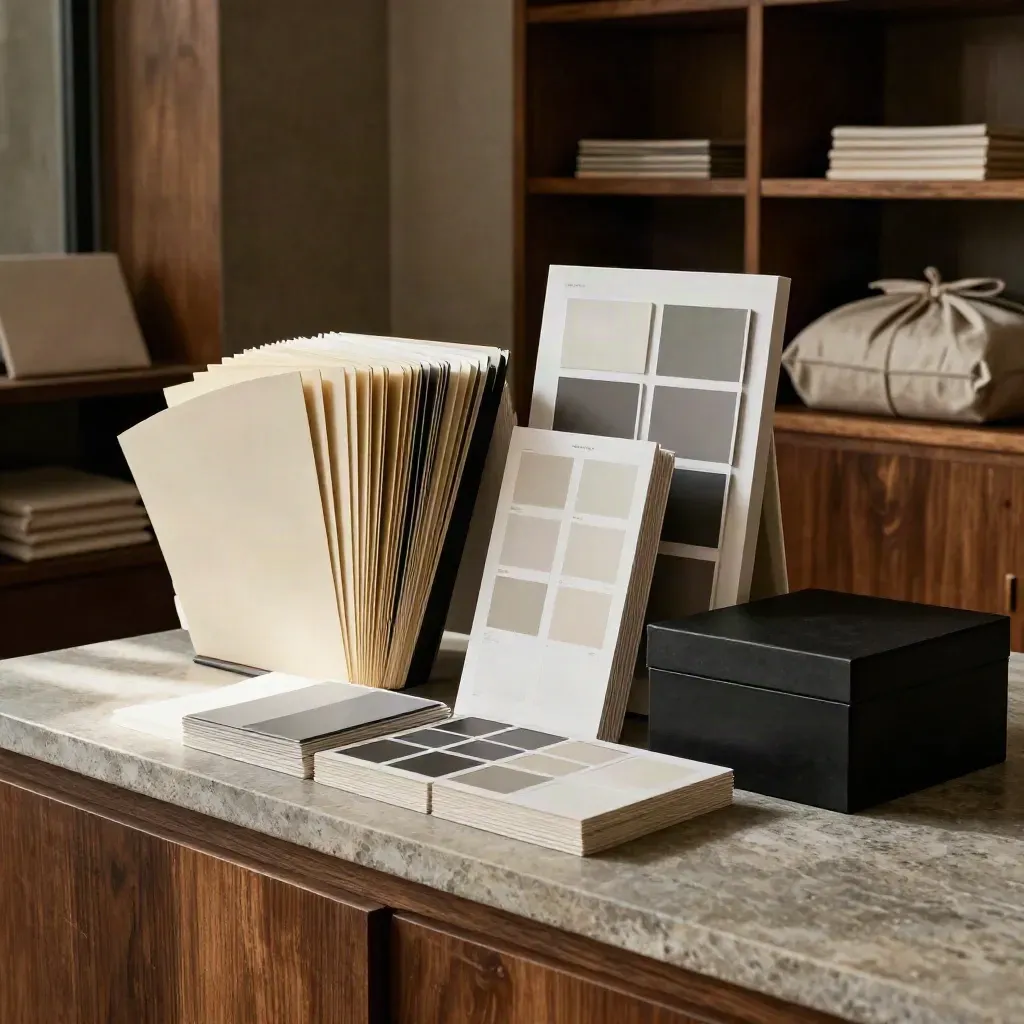 Dim brand archive with swatches, folders, sample cards, grid boards, and a black storage box.