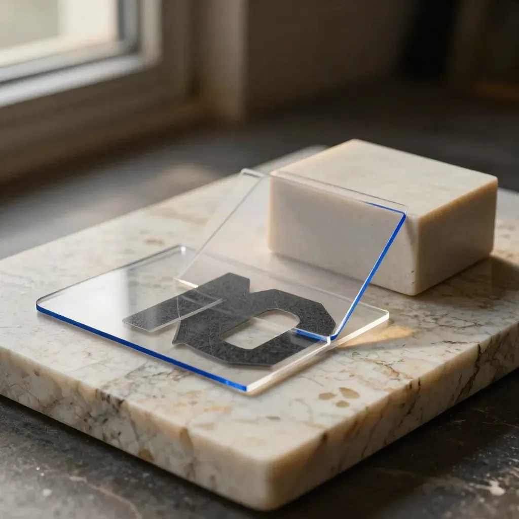 Acetate logo mark studies layered on travertine, one cobalt edge catching light.