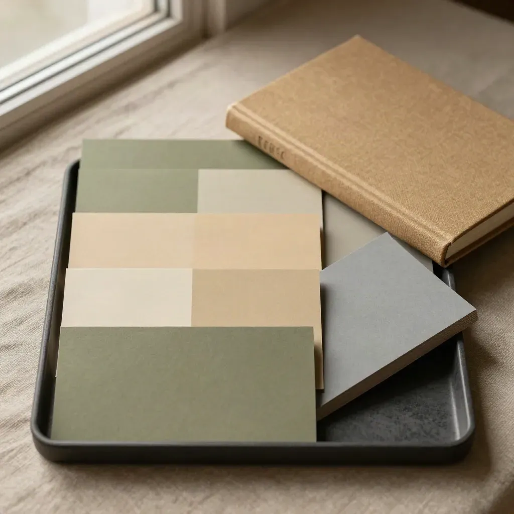 Overhead flatlay of color-banded note cards, a closed booklet, and a charcoal tray.