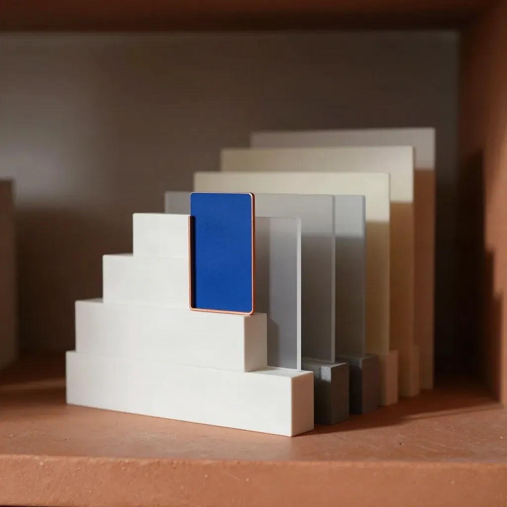 Stacked white and graphite blocks with translucent dividers and a cobalt card on terracotta
