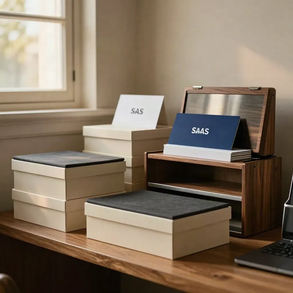 Launch-ready SaaS branding boxes and keynote case on a warm office shelf in window light.