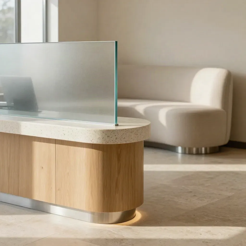 Serene travertine clinic reception with oak slats, frosted glass and ivory seating.