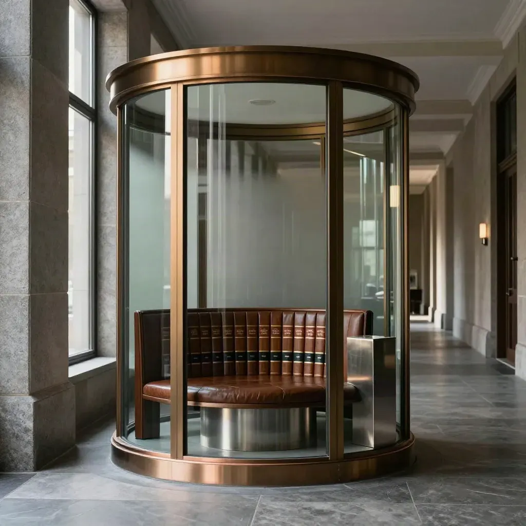 Polished law-firm corridor with stone, bronze, leather, glass and copper accents.