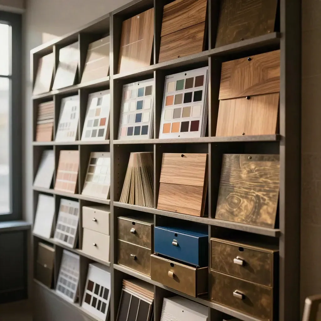 Studio storage wall with swatch boxes, file sleeves, and drawers in motion