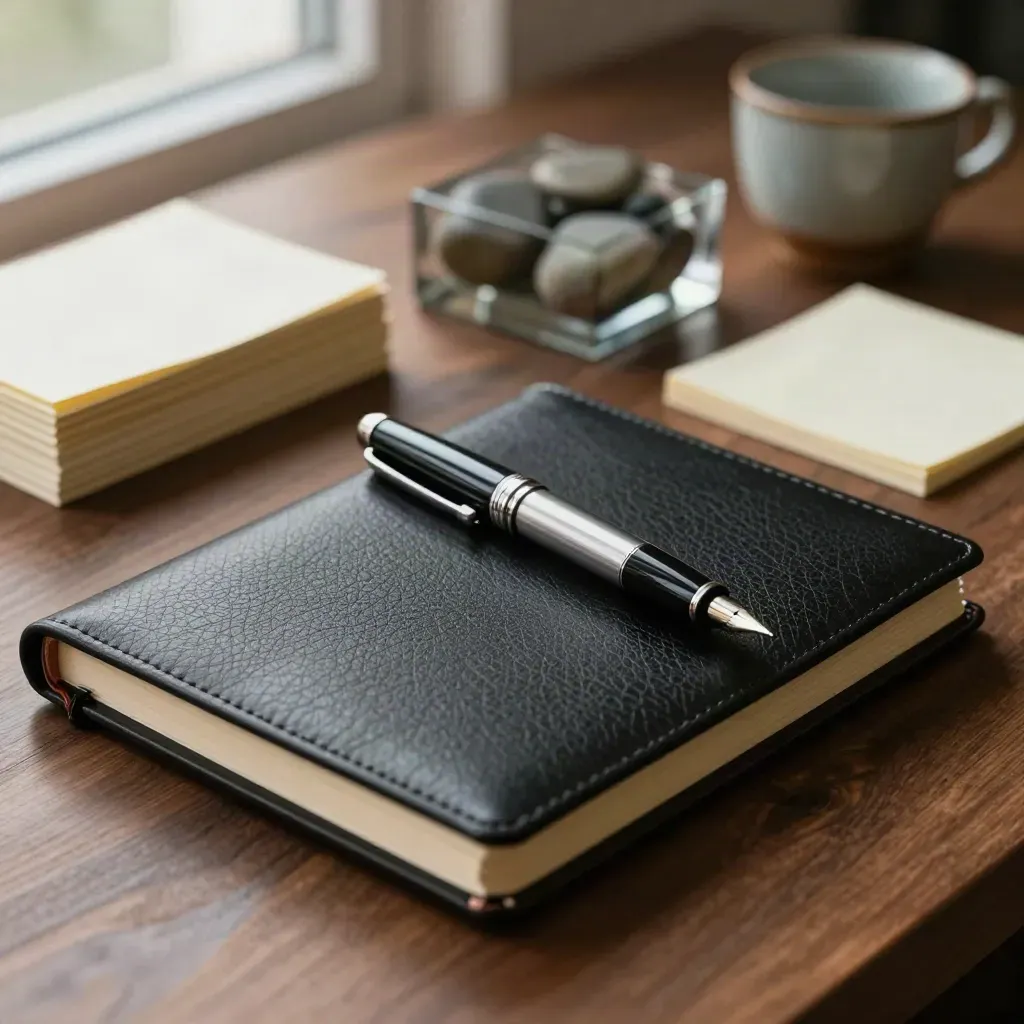 Macro still life of strategist tools: notebook, fountain pen, paperweight, brief cards and cup on walnut