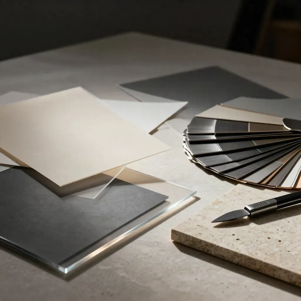 Design samples, acetate, swatch fan and knife on stone in dramatic light