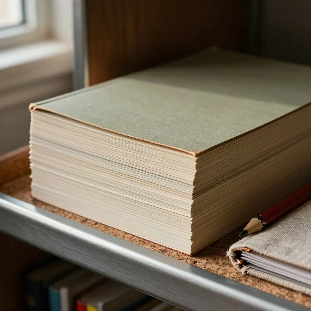 Macro still life of tabbed index cards, a field guide and clipped red pencil on a linen folder