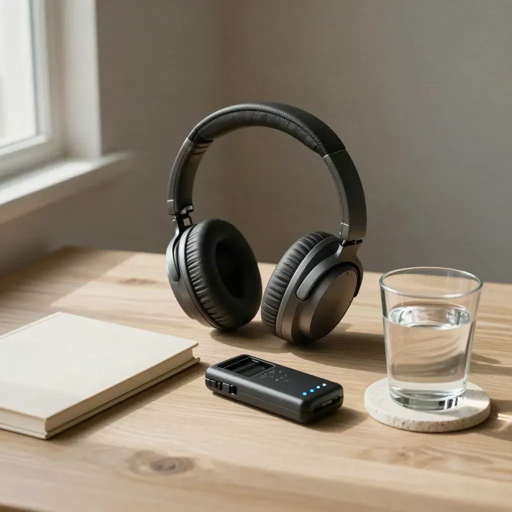 Top-down listening kit with headphones, recorder, notebook, and water on pale wood.