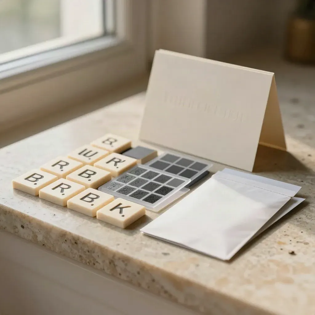 Ivory letter tiles, grid cards, and packaging mockups on limestone with soft side light.