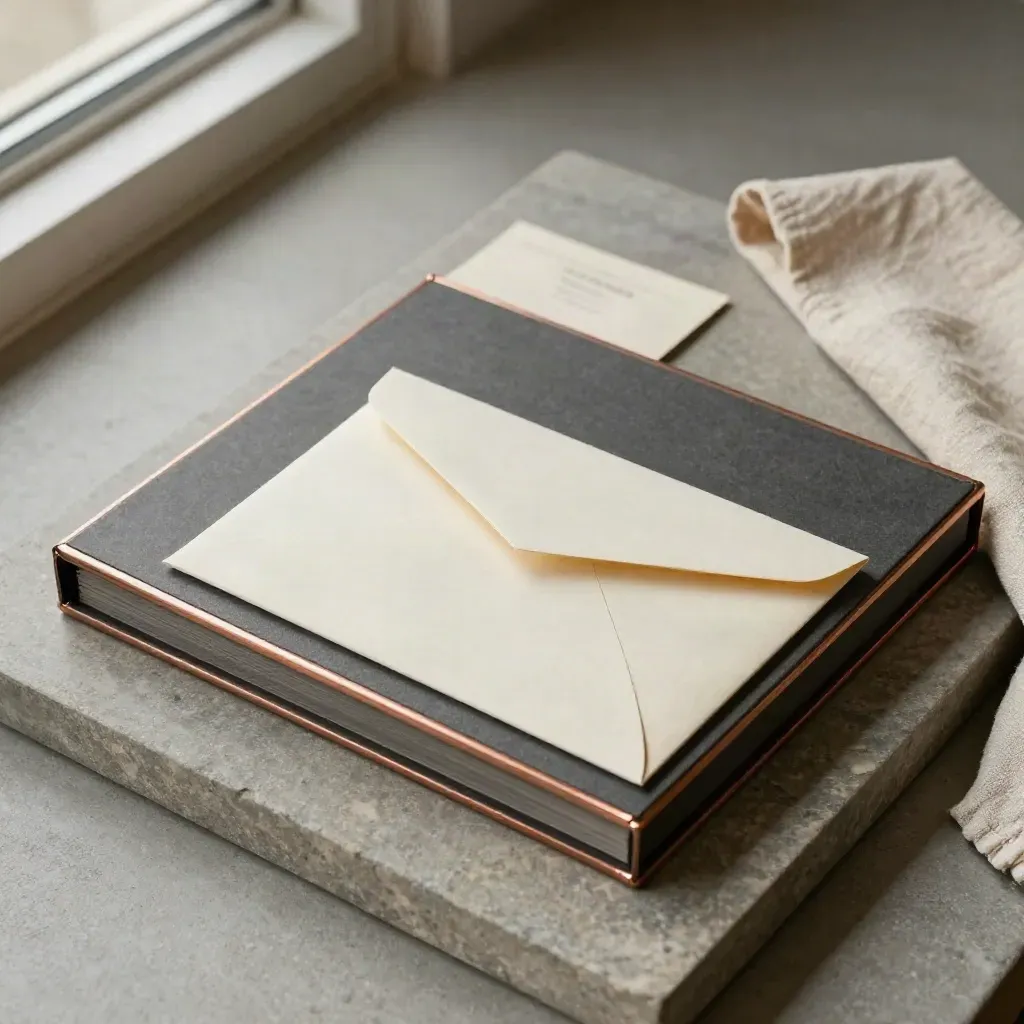 Flatlay of archival box, folders, envelope and sleeve on stone tray with soft linen accent