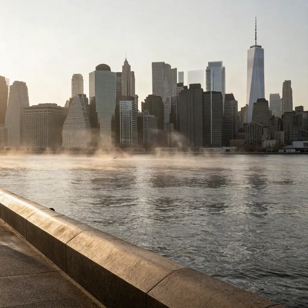 Manhattan skyline at sunrise above Jersey waterfront mist and wet concrete.