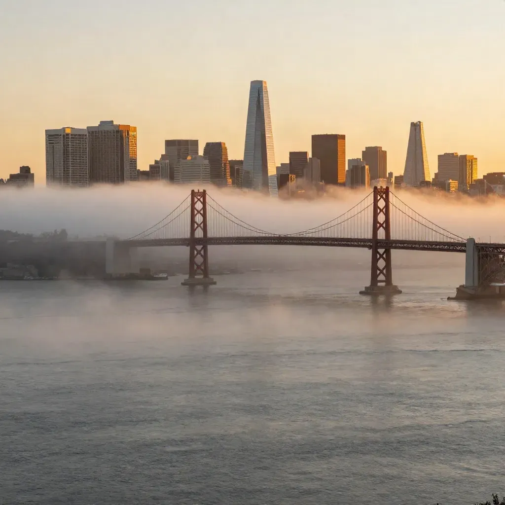 Golden Bay Area skyline and bridge above fog-softened water from Treasure Island