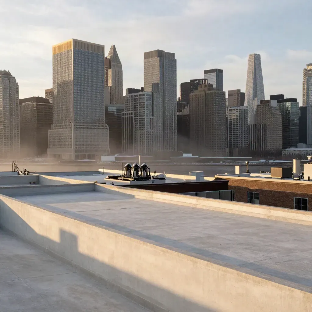 Winter dawn skyline above a pale concrete rooftop with mist and soft ivory light