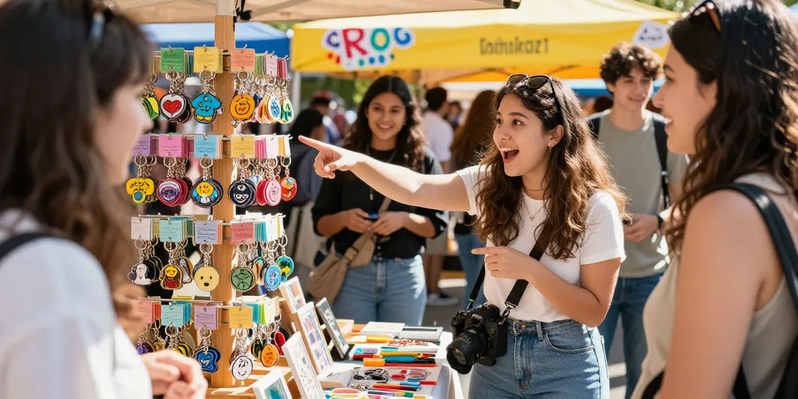 Shopping for personalized keychains at a vibrant market stall with unique designs.