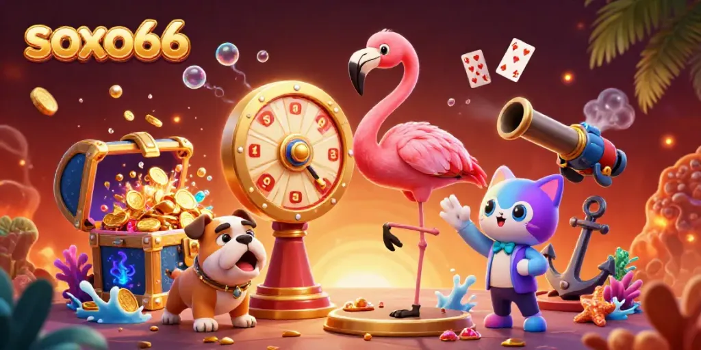 Experience the thrill of soxo66 with a colorful game show scene featuring a flamingo host and exciting prizes.