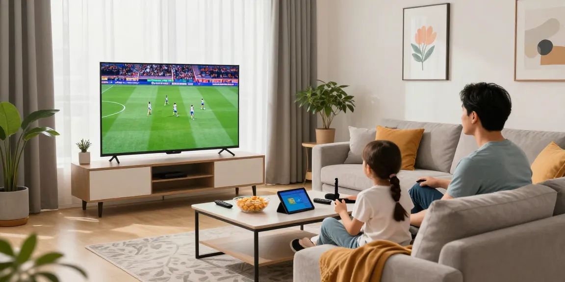 Family enjoying IPTV in Ireland with a cozy living room setup, bright atmosphere, and modern decor.