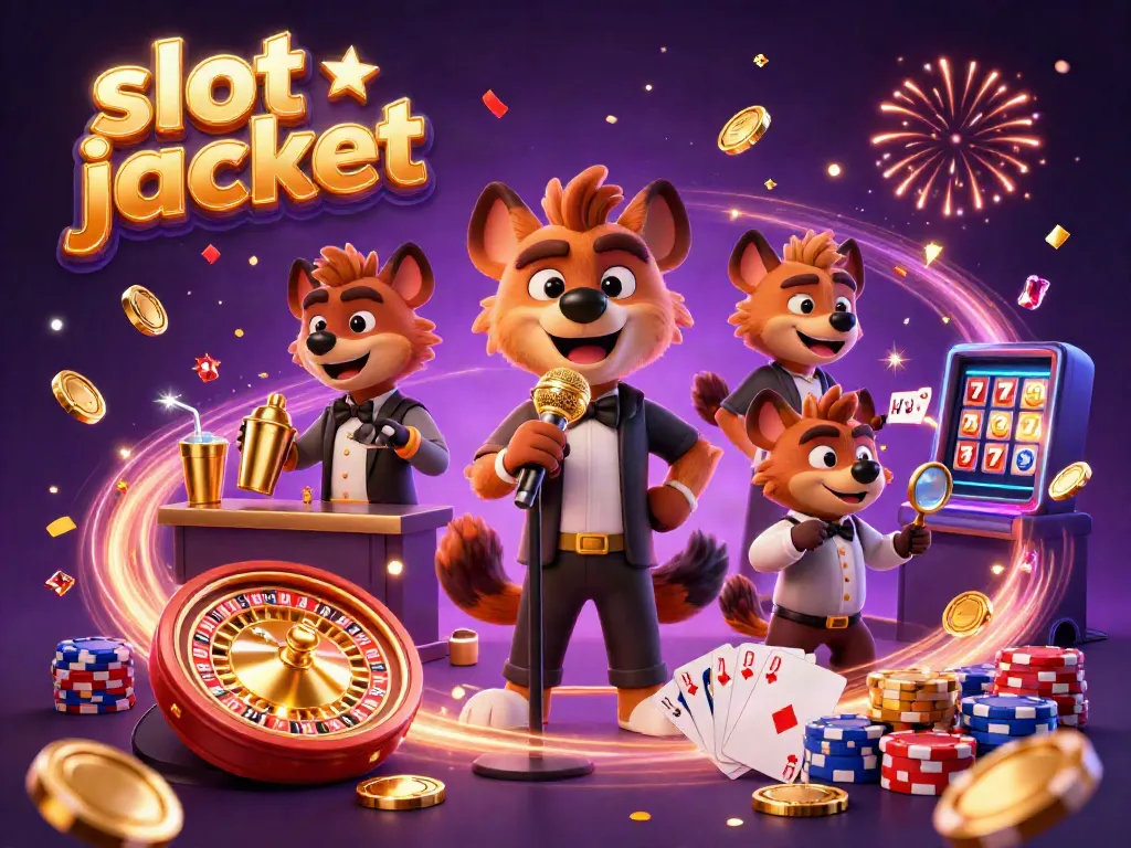 Engaging scene of a casino featuring hyenas performing comedy, with golden coins and slot jackpots in the atmosphere.