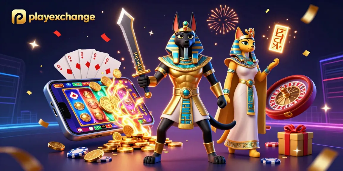 Experience the excitement of playexchange with Anubis and Bastet amidst slot games and golden coins.