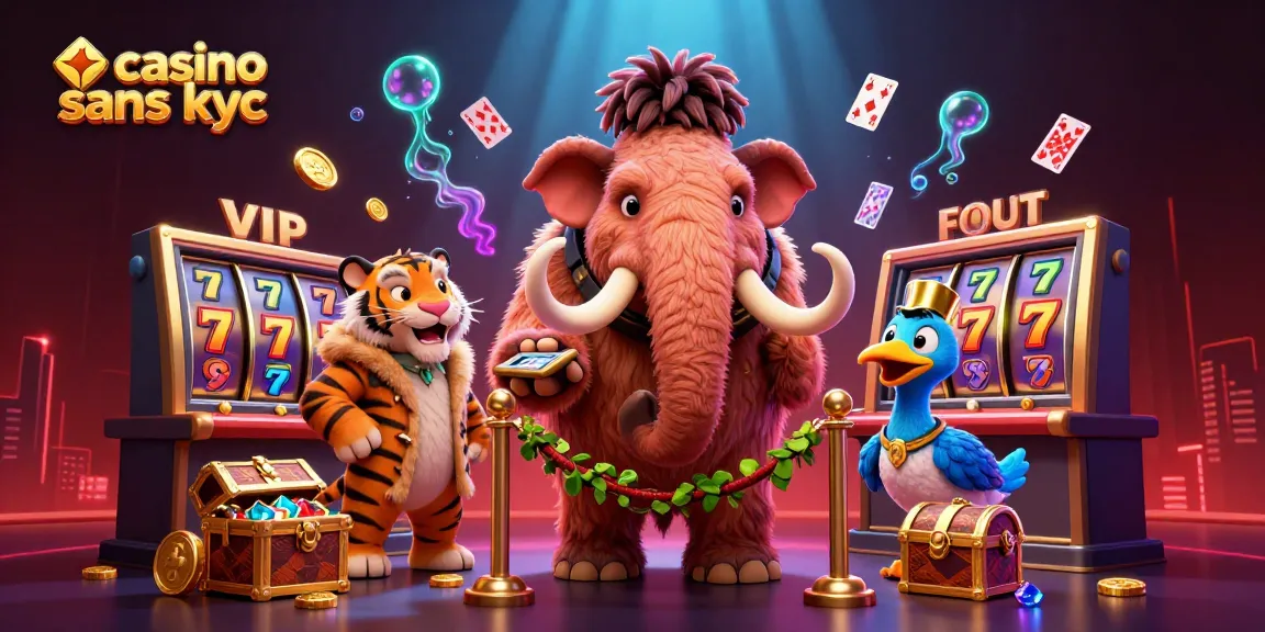 Casino sans kyc : un mammouth bouncer et un tigre VIP au cœur d'une scène animée.