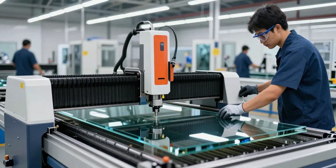 Technician using a glass cutting machine in a modern processing facility.