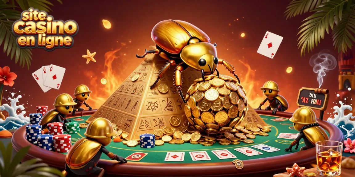 Plongez dans un site casino en ligne captivant avec des scarabées dorés aux rouleaux de poker et aux jetons colorés.