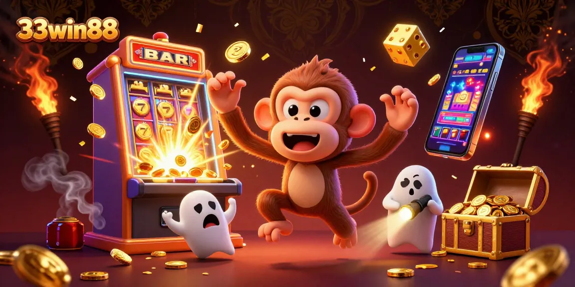 Engage in thrilling gameplay with 33win88 amidst a dazzling casino atmosphere, featuring lively game elements.