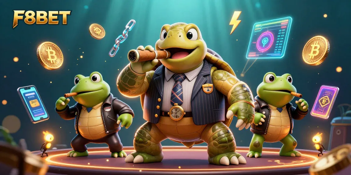 Experience thrilling gameplay with F8BET featuring a cartoon turtle mobster and bullfrog enforcers.