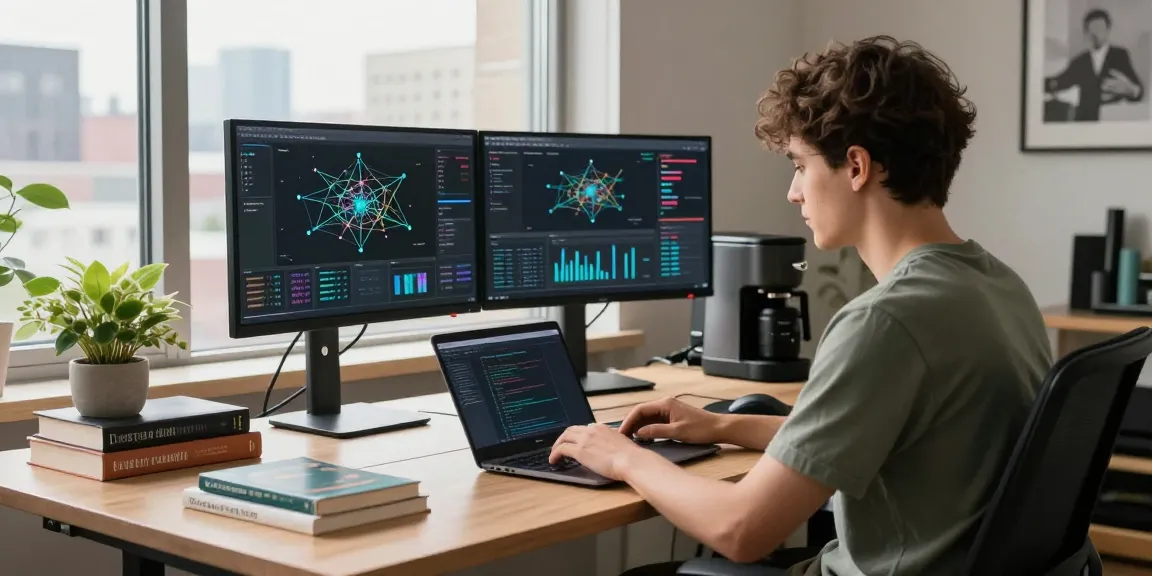 快连 tech workspace with developer coding on dual monitors, showcasing advanced network solutions and productivity.