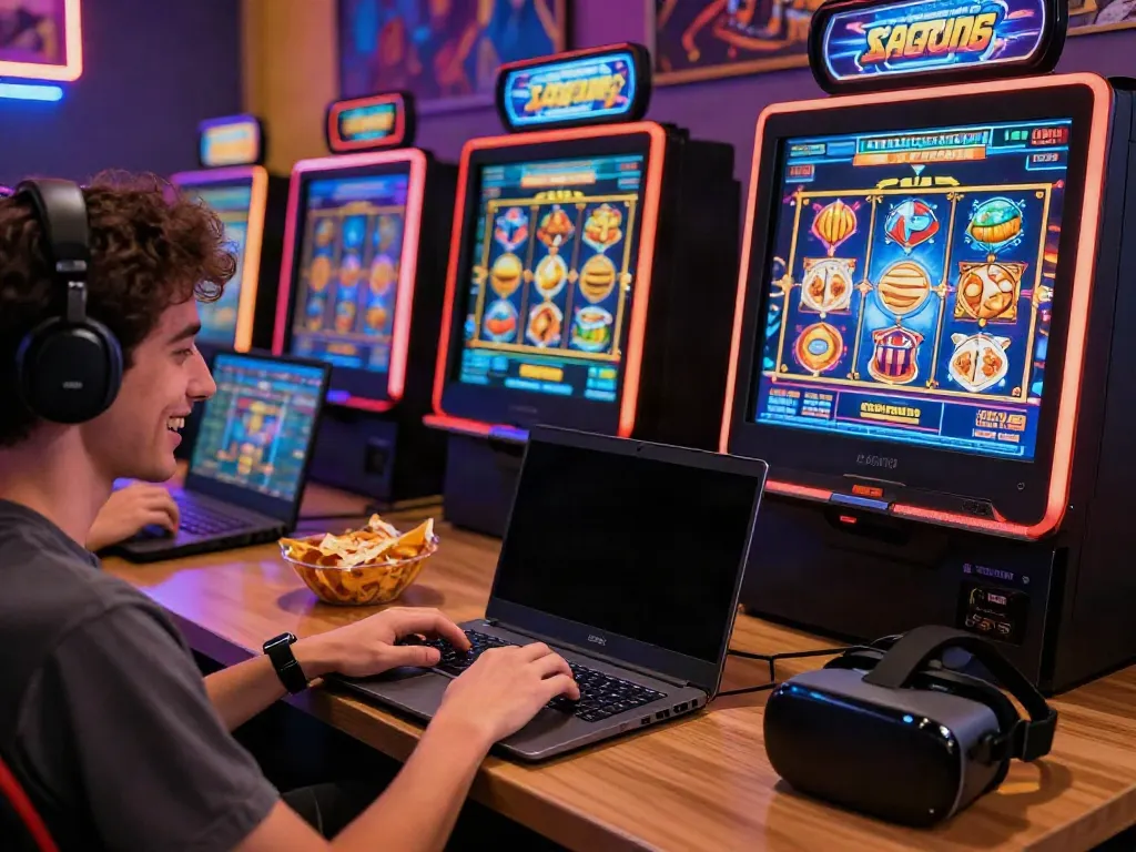 Player enjoying slot gacor games on laptop with colorful slot machines in a vibrant gaming setup.