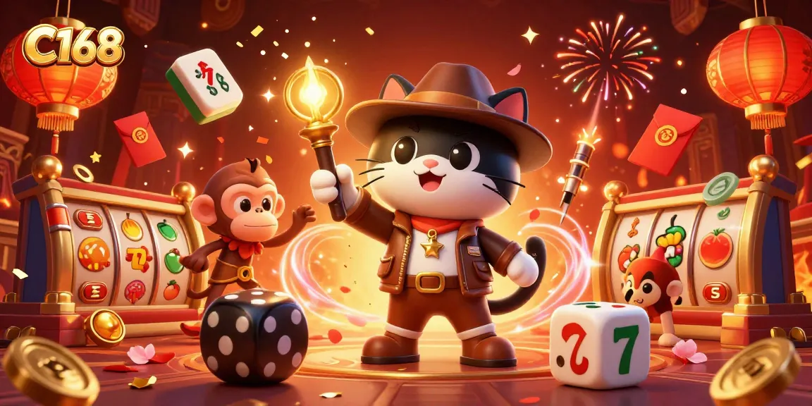 Experience thrilling wins at C168 with an explorer cat discovering casino treasures.