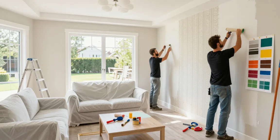Renovation process showcasing skilled craftsmen transforming a modern living room with fresh paint and wallpaper.