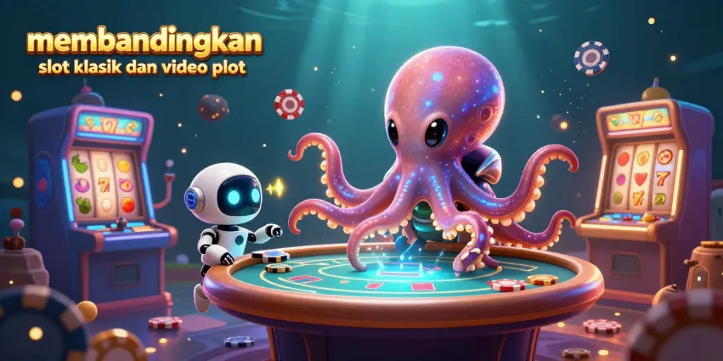 Membandingkan slot klasik dan video slot dengan karakter alien dan mesin slot yang berputar, simbol buah, dan efek cahaya