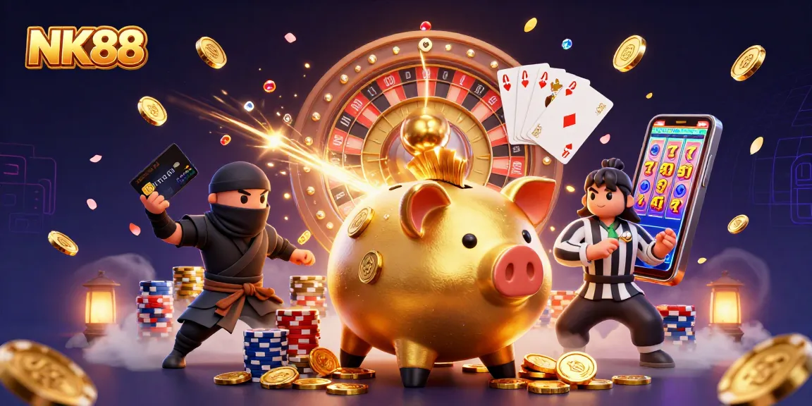 Play and win big at NK88 with a vibrant 3D casino illustration featuring dynamic betting action.
