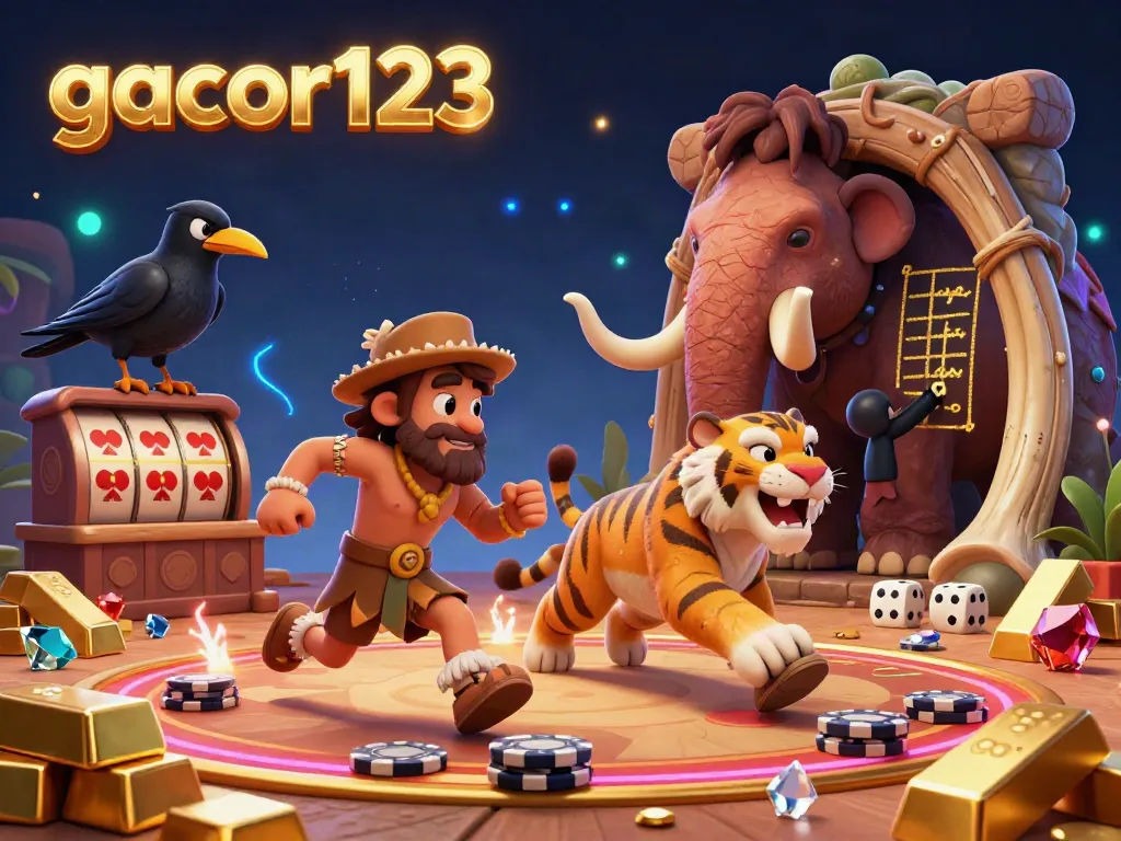 Engage with gacor123 at a vibrant prehistoric casino scene with gold treasures and animated characters.