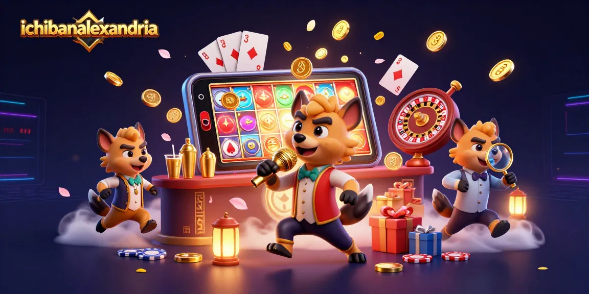 Permainan slot online di ichibanalexandria menampilkan hyena lucu di kasino komedi yang penuh warna.