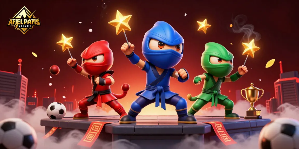Le visuel dynamique d'une équipe de chameleons ninja animés en action sur le thème des paris sportifs avec "arjel paris sportif".