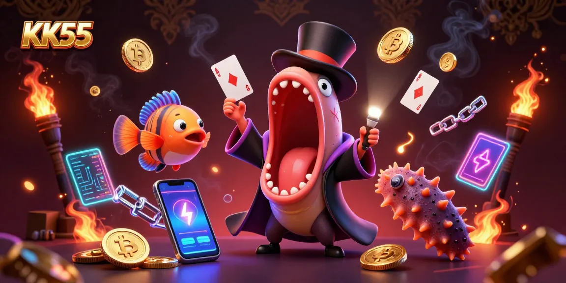 Engage with KK55's 3D cartoon scene showcasing captivating casino magic elements and crypto symbols.