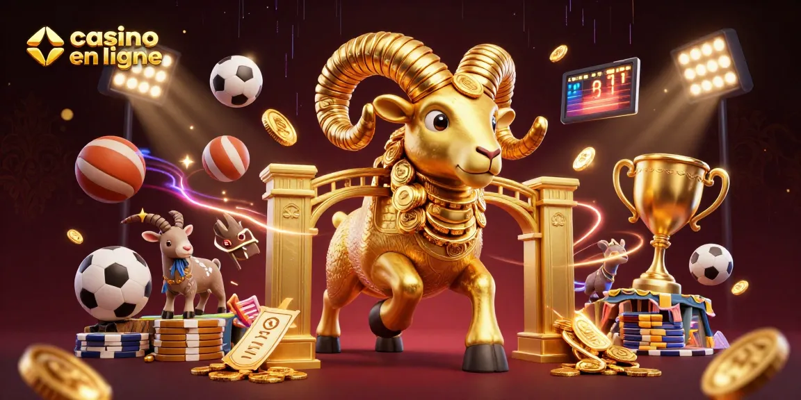 Jouer à un casino en ligne avec des ballons de sport et un bélier doré au centre de l'action.