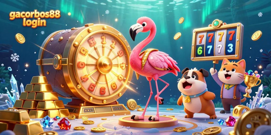 Experience excitement with gacorbos88 login as a flamingo spins a golden prize wheel, in a vibrant casino illustration.
